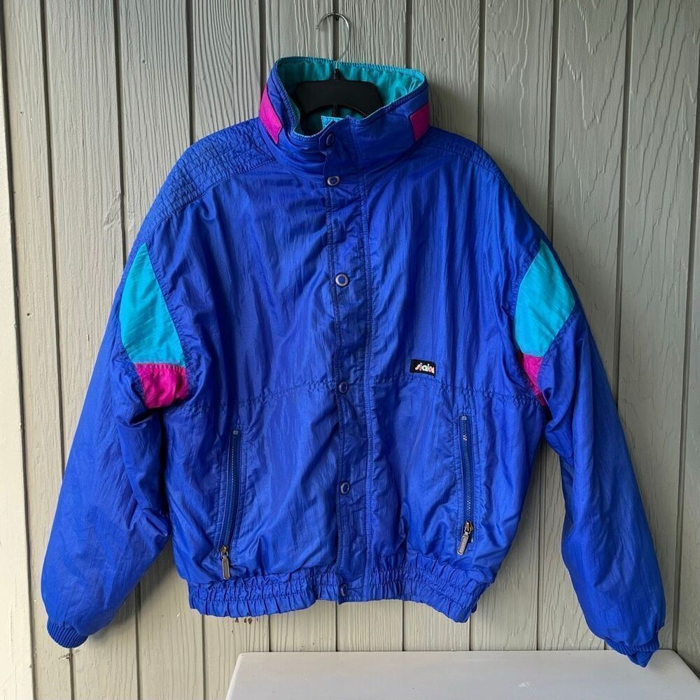 VTG Slalom Colorblock Ski Jacket USA Blue Purple Pink Nylon Zip L Unisex